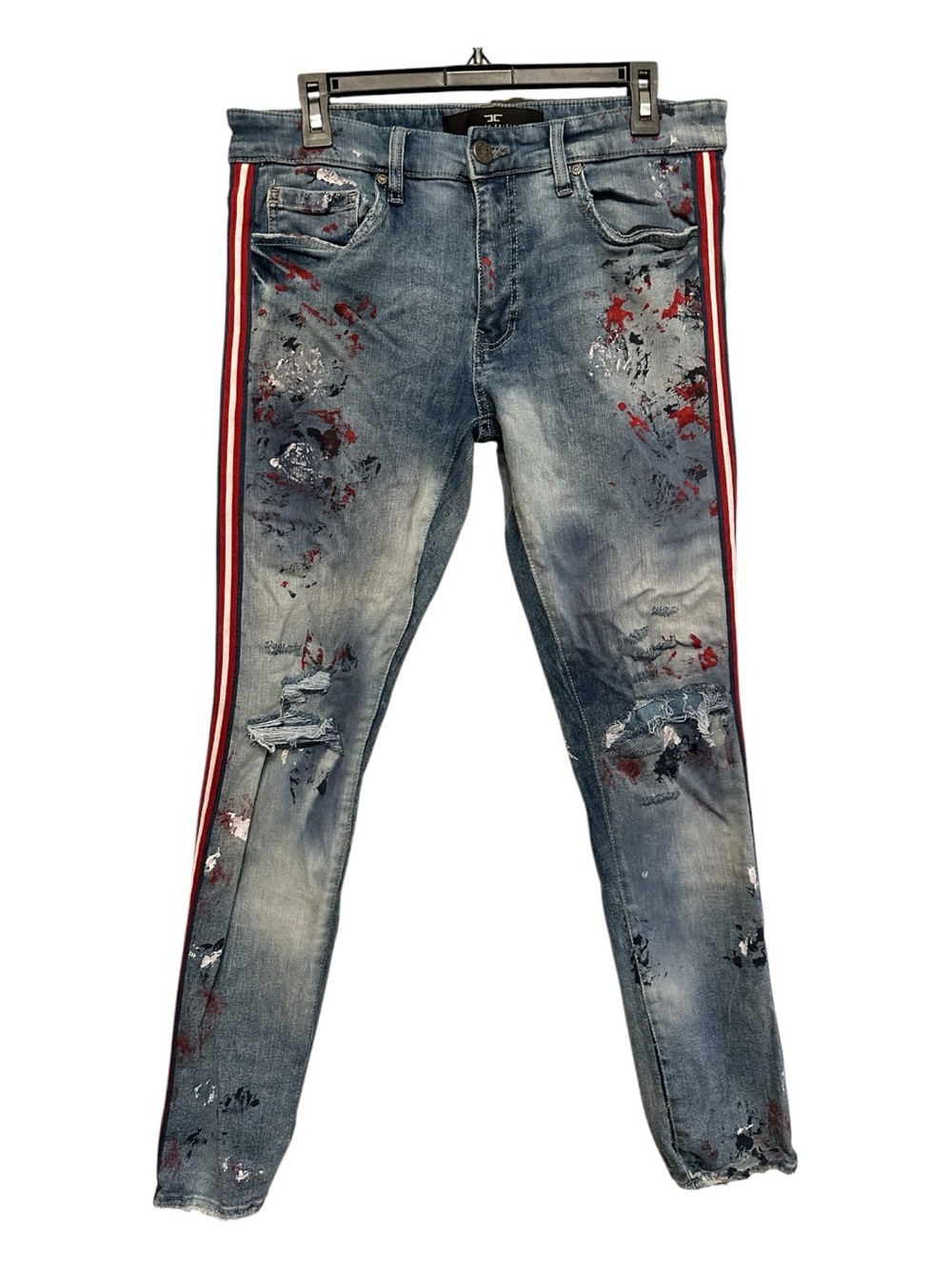 Jordan Craig Men's Skinny Jeans - Blue with Red Stripe & Paint Splatter 34/32